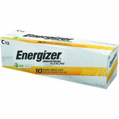 C-size alkaline battery delivering 1.5V DC, part of the Industrial Alkaline series. Suitable for powering industrial equipment such as controls, pumps, and instrumentation. Supplied in a 12-pack for convenient replacement.