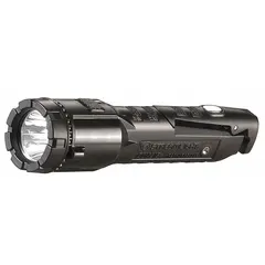 This rechargeable flashlight produces 275 lumens with a 171-meter maximum beam distance. It is safety-rated for use in industrial environments such as plants and warehouses. The black flashlight includes the required battery.