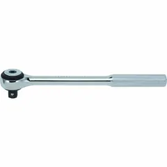 Reversible round-head ratchet with chrome finish. Overall length 9 1/4 in, minimum arc swing 5°. Suitable for tightening and loosening fasteners in confined spaces where a full swing arc is not possible.
