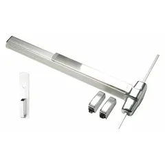 Surface vertical rod exit device with touchbar and night latch. Chrome finish. Rated for doors up to 3 ft wide. Suitable for commercial and industrial egress applications requiring secure, code-compliant exit hardware.