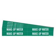 Green adhesive pipe marker with white legend reading 'Make-Up Water'. Fits pipe outer diameters from 3/4 to 2-3/8 inches. Pack includes 4 markers without arrows. Used for identifying make-up water lines in piping systems.