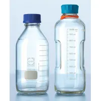 Borosilicate glass media bottle with a wide mouth and colorless body. Includes a GL45 screw-on closure. Suitable for storing, mixing, and dispensing culture media, buffers, and reagents in laboratory environments