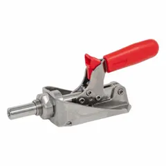 This corrosion-resistant straight-line toggle clamp features a locking vertical handle and through-hole base mounting. It has an M8 plunger thread and is designed for use with recommended spindle model 708.1-M8-68-A-NI. Typical applications include workpiece positioning and clamping in jigs, fixtures, and assembly lines, particularly in environments requiring corrosion resistance.