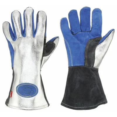 CAIMAN Welding Gloves: Straight Thumb, Gauntlet Cuff, Premium, Silver Aluminized Rayon - Stick Welding Gloves with Cowhide Leather Palm