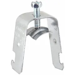Steel conduit clamp with saddle, electroplated finish, for securing 1 in trade size conduit to 1-5/8 in strut channels. Accommodates cable range 0.720 in to 1.160 in with 1 in thread size. Used in electrical installations for supporting conduit and cable runs.