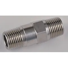 This inline piston check valve features a stainless steel piston and body with 1/8 in MNPT x MNPT connections. It prevents backflow in piping systems, suitable for low-flow applications requiring corrosion resistance.