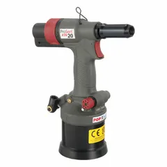 Air-powered rivet nut installation tool with 3,200 lbf pulling force and 1/4 in female NPT air inlet. Designed for installing threaded inserts into metal or composite panels. Suitable for assembly and industrial applications requiring high-strength threaded fasteners.