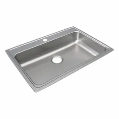 This single-bowl sink is designed for drop-in installation in kitchen or bar countertops. It measures 22 inches in overall width with a bowl depth of 4 1/2 inches, finished in a silver/gray color. Suitable for residential or light commercial food preparation and cleanup.