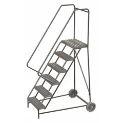 This assembled aluminum tilt-&-roll ladder provides a 5 ft platform height for elevated access. Its wheelbarrow-style base and double handrails enable one-person transport and positioning without dismounting. Suitable for maintenance and material handling tasks in industrial settings.
