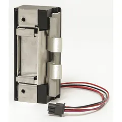 Cylindrical electric strike for access control systems, constructed of stainless steel. Operates on 12V AC/DC input voltage. Rated for heavy-duty use in high-traffic commercial or institutional door applications. Measures 4 7/8 in height.