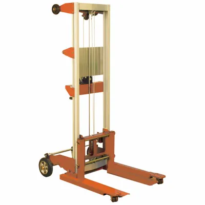 WESCO Winch Lift: 500 lb, 22 1/2 in L x 4 in W Fork, 35 in L x 24 in W x 68 in H Overall Dim - Fork-Over Stackers
