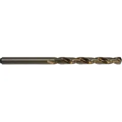 CLEVELAND C83016 is a #20 taper-length drill bit with a 0.1610-inch diameter, 118° notched point, and straw/bronze cobalt finish. The tang shank provides secure holding in drill presses and industrial machines. Cobalt construction handles high heat and abrasion, suited for deep-hole drilling in tough materials.