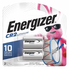 ENERGIZER CR2 lithium battery with 800 mAh capacity and 3V DC output, sold in a 2-pack. Suitable for powering compact electronic devices such as cameras, medical instruments, and security systems that require a stable, long-lasting power source.