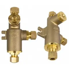 This APOLLO point-of-use mixing valve blends hot and cold water to deliver a tempered outlet temperature. Constructed with a brass body and 3/8 in outlet connection, it is designed for installation at individual fixtures to provide precise temperature control.