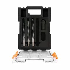 This 4-piece bridge reamer set includes diameters from 11/16 in to 15/16 in. Each reamer features a VersaDrive MAX hex shank for secure engagement in impact drivers and drill chucks. Used for enlarging or finishing holes in metal, wood, or plastic during construction, maintenance, and fabrication tasks.