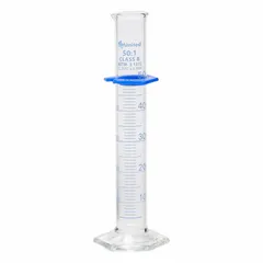 Class A glass graduated cylinder with 50 mL capacity, calibrated to contain (TC). Meets ASTM E1272 and USP Type I specifications. Includes a protective bumper. Used for precise liquid measurement in laboratory settings such as chemical analysis and pharmaceutical compounding.