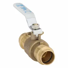 Brass ball valve with 3/4 in full port design for minimal pressure drop. Straight body with Press x Press connections for fast installation without threading or soldering. Lever handle for manual on/off flow control. Suitable for plumbing, HVAC, and process piping systems.