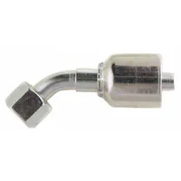 Steel 45° elbow crimp fitting with female x genderless connection. Metric M18-1.5 thread on female end, crimp connection for -6 hose dash size. Used in hydraulic systems to connect hose to metric female ports in machinery and equipment