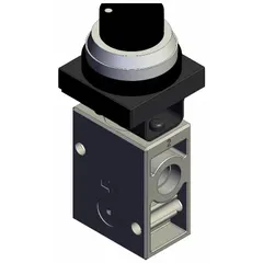 This SMC VM Series manual air control valve features a 1/4 in port size with three ports and a two-position twist actuator in black. It is used in pneumatic systems for manual on/off or directional flow control, such as in industrial automation, packaging, and material handling applications.