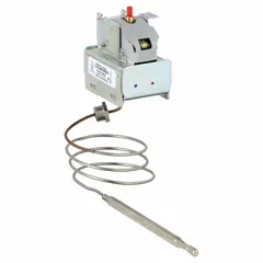 Fixed dial electric limit control for cooking equipment. Features a 7/8 in stem length and 30 in capillary. Rated for 250V AC. Used in commercial ovens, fryers, and similar appliances to monitor and limit temperature.
