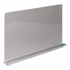 This lab shield provides a transparent barrier for benchtop work, protecting personnel from chemical splashes, flying debris, and liquid spills. Overall width is 16 inches.