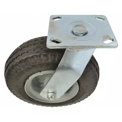 This swivel caster is a replacement component for platform trucks. Constructed with a rubber tread and steel frame in a black finish, it measures 8 inches in overall length and 3 inches in overall width. Typical applications include material handling in industrial settings such as warehouses and manufacturing facilities.