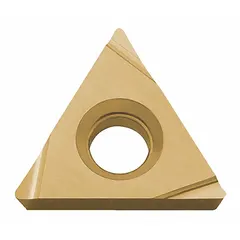 This triangle (T) indexable turning insert is made of PVD cermet, designed for finish turning operations. It provides a sharp cutting edge and wear resistance for smooth surface finishes on steel and stainless steel. Compatible with standard triangle insert tool holders, it is used in lathe operations for general machining.
