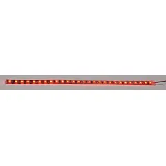 Red LED flexible strip light with flat profile for surface mounting. Operates on 12.8V DC and features IP68 ingress protection against dust and water. Supplied with blunt cut leads for electrical connection. Suitable for low-profile accent or task lighting in mobile, marine, or industrial environments.