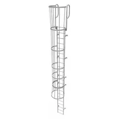 Steel fixed ladder with safety cage, 18 in overall width, 22 rungs. Designed for permanent vertical access in industrial settings such as plants, warehouses, and utilities. Supplied unassembled.