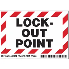 Polyester lock-out point sign with adhesive mounting for marking energy-isolation locations. Nominal size 3 1/2 in x 5 in, 0.01 in thick. Not retroreflective or glow-in-the-dark. Supplied in a 5-pack.