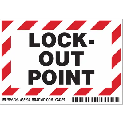 BRADY 86204 Lock-Out Point Sign, Adhesive, 3 1/2 in x 5 in, 5 Pack - Lock-Out Point Signs