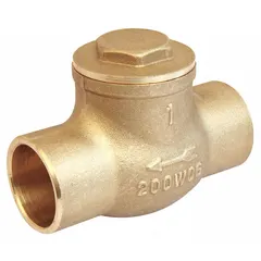 This brass inline swing check valve features a 2 in pipe size with sweat x sweat connections. It is designed to prevent backflow in piping systems, allowing flow in one direction only. Typical applications include water, HVAC, and industrial fluid systems where reverse flow protection is required.