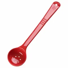 This CARLISLE portion control spoon has a 2 oz capacity and is made of red acetal with a perforated bowl. It is NSF certified for use in commercial foodservice. The long handle design facilitates consistent portioning of foods, and the perforations allow liquid drainage when serving solids.
