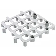 This unassembled low-profile interlocking plastic dunnage rack is made of gray polyethylene with single-piece modular construction. It measures 1 1/2 in x 12 in x 12 in. Used in industrial material handling and storage to organize and protect parts on plant floors, warehouses, or assembly lines.