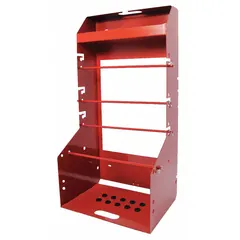 Steel reel rack with powder-coated finish, measuring 22 in x 16 in x 45 in. Equipped with four spindles for organizing and dispensing cable, hose, or wire. Designed for vertical or horizontal portable use in industrial storage and workspace applications.