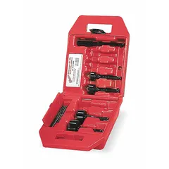 This 7-piece self-feed drill bit set features steel bits with a 6-5/8 in overall length and hex shanks. Designed for drilling in wood and similar materials, the set includes a one-piece shank and coupling for secure attachment. Suitable for industrial drilling applications.