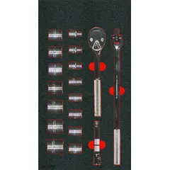 This 18-piece SAE socket set includes 6-point sockets ranging from 3/8 to 1-1/4 in, with a 1/2 in drive. The set also contains drive tools and socket bits, providing a complete kit for industrial fastening applications such as maintenance, assembly, and repair.