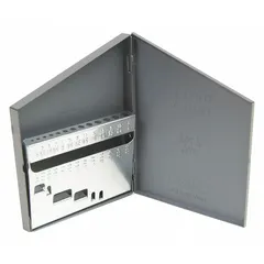 This drill bit index organizes fractional drill bits from 1/16 in to 1/4 in by 64ths in 13 compartments. It is used in machine shops, maintenance facilities, and toolrooms to keep precision drill bits sorted, protected, and easily accessible during drilling operations.