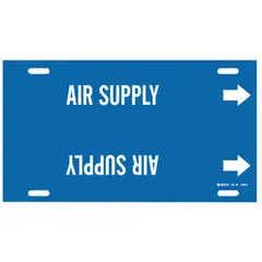 Blue pipe marker with white legend reading 'Air Supply' and directional arrows. Fits pipe outer diameters of 8 to 9-7/8 inches. Applied via strap-on method for identifying compressed air lines in industrial piping systems.