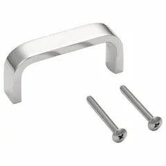 Fixed, non-recessed pull handle made of stainless steel with a mirror finish in silver. Features threaded-hole mounting with M3 screws and a grip thickness of 0.394 inches. Suitable for cabinets, enclosures, and industrial panels where corrosion resistance and a clean appearance are required.