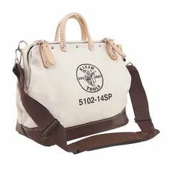 This brown canvas tool bag features a wide-mouth opening for easy access and 10 inside pockets for organizing hand tools, test instruments, and small parts. Suitable for electricians, technicians, and maintenance professionals on job sites.