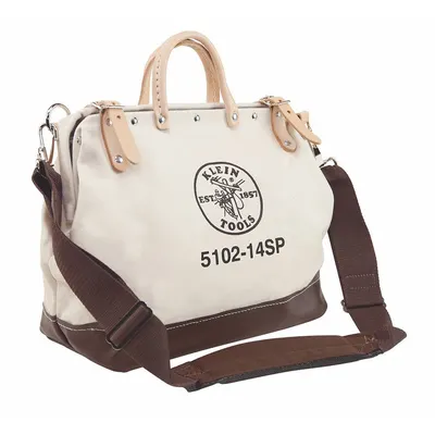 KLEIN TOOLS Tool Bag: 14 in W x 6 in D x 12 in H, Brown, Canvas, 10 Pockets - Canvas Wide-Mouth Tool Bags