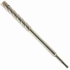 SDS-Plus rebar cutting drill bit for drilling through reinforced concrete. Cuts embedded rebar during construction, demolition, or renovation. 3/4 in diameter, 12 in overall length, 10 in maximum drilling depth.