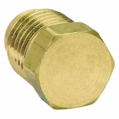 This brass flared fitting plug seals the end of a 45-degree flared tube in hydraulic or pneumatic systems. It provides a leak-tight, reusable metal-to-metal seal in medium-pressure fluid circuits. Supplied in a 10-pack. Meets SAE J513 standards.
