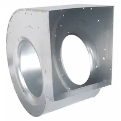 HVACR housing designed to enclose and protect fan or blower assemblies in commercial and industrial ventilation systems. Provides structural support and proper airflow direction for motorized equipment in heating, cooling, and exhaust applications.
