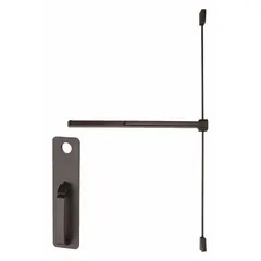 Rim-type exit device with touchbar bar style and thumbpiece pull outside trim, in bronze finish. ADA compliant for accessible egress. Suitable for commercial doors up to 4 ft wide in applications requiring push-pull operation.