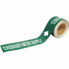 Green adhesive pipe marker with white legend reading 'Condenser Water Supply' and flow-direction arrows. Fits pipe outer diameters from 2-1/2 to 6 inches. Each roll contains 25 markers. Used to identify condenser water supply lines in piping systems.