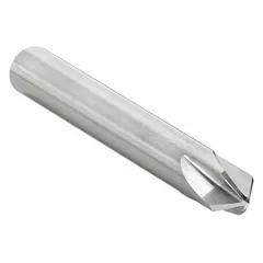 This four-flute machine countersink has an 82° included angle, 1 1/2 in body diameter, and 3/4 in shank. Made from cobalt steel, it is used to create conical recesses for flat-head screws in metal, suitable for high-speed machining of hardened steels and alloys.
