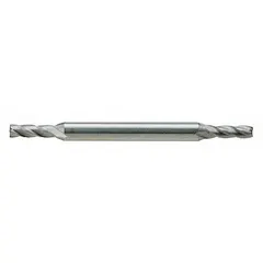 Double-end high-speed steel square end mill with 9/64" mill diameter, 13/32" length of cut, and 2-1/4" overall length. Four-flute design for general-purpose slotting, profiling, and contouring in ferrous and non-ferrous materials.