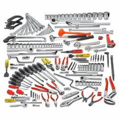 This 164-piece SAE master tool set includes 63 sockets, 16 combination wrenches, 6 Phillips screwdrivers, and 2 groove pliers. Socket drive sizes are 1/4 in, 3/8 in, 1/2 in, and 3/4 in. Suitable for maintenance, repair, and assembly tasks in industrial settings.